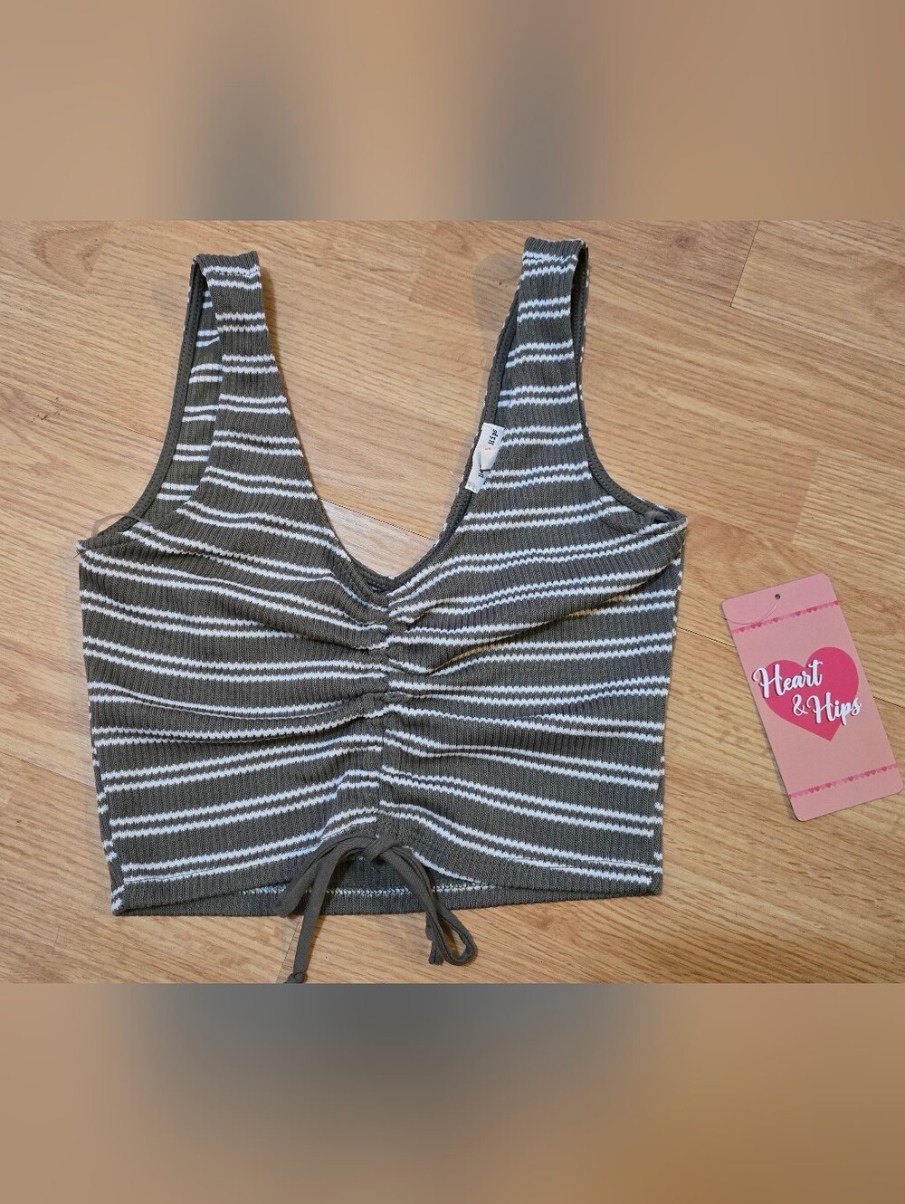 Heart Hips Olive Green & White Striped Ruched Tank Top Crop Top
